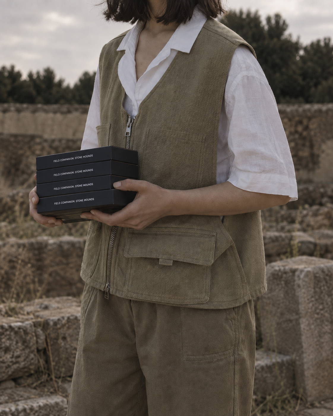 Taş yapılar arasında dört Field Companion Stone Mounds kutusunu taşıyan kişi; stüdyo sayfası için yeniden düzenlenmiş görsel.