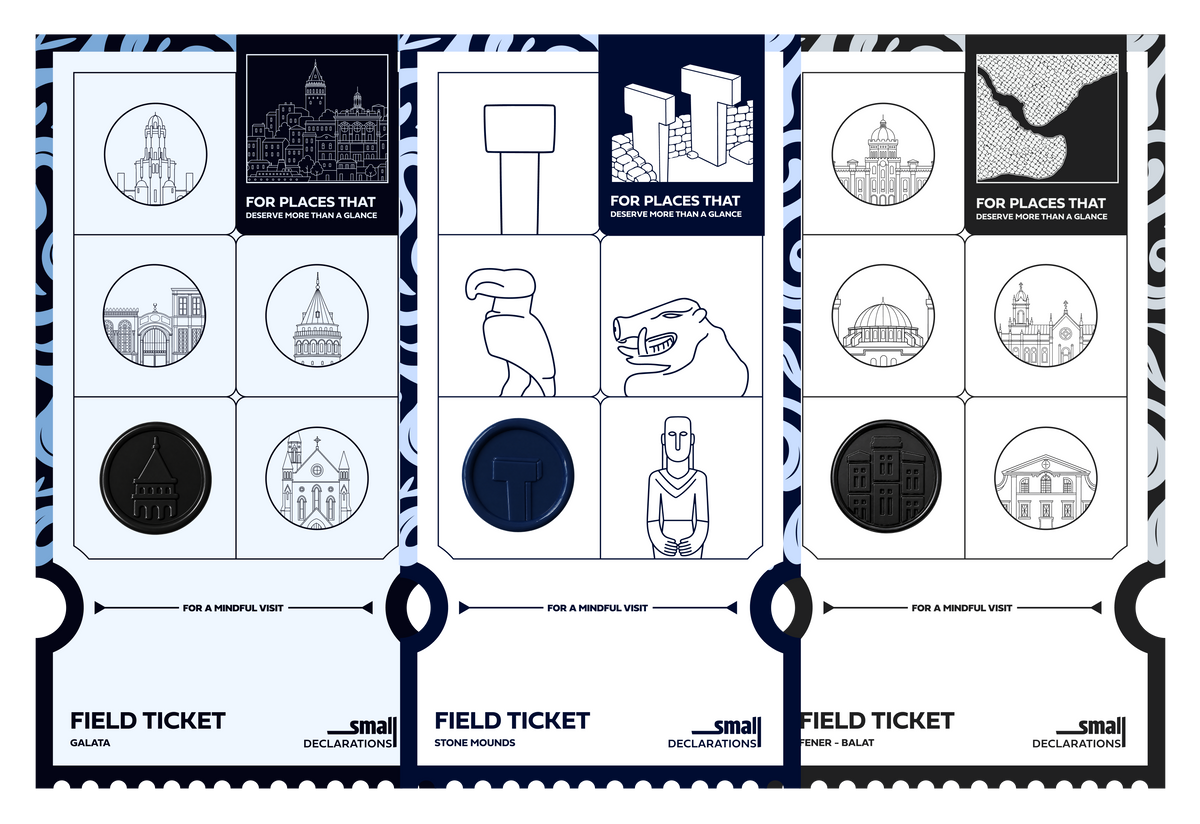Galata, Stone Mounds ve Fener–Balat Field Ticket’ları. Orijinal tasarımlar ve renkler, eşit boyutta, hafif üst üste.